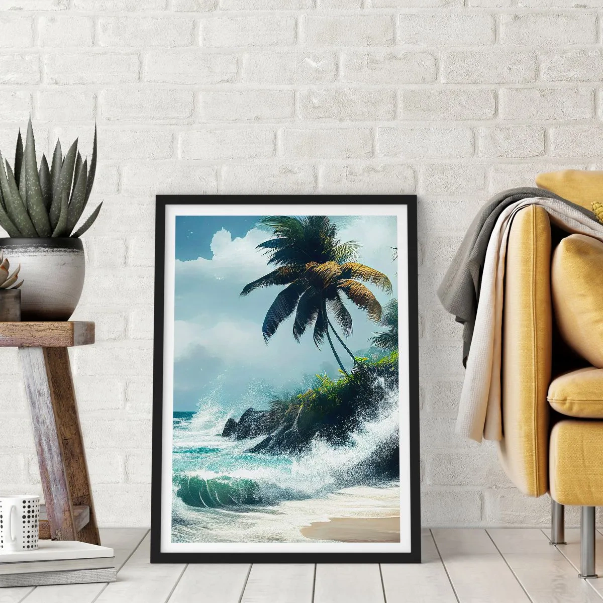 Pôster com moldura preta - Praia tropical com palmeiras e oceano agitado - 50x70cm - Em uma costa tropical - Decoração de parede moderna para a sala de estar e quarto ARTTOR