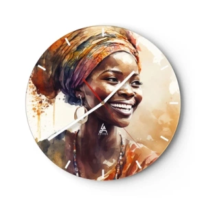 Relógio de parede - Relógio em vidro - Uma mulher sorridente com um turbante sobre um fundo de manchas de aquarela. - 30x30cm - Rainha africana - Decoração de parede moderna para a sala de estar, cozinha e quarto ARTTOR