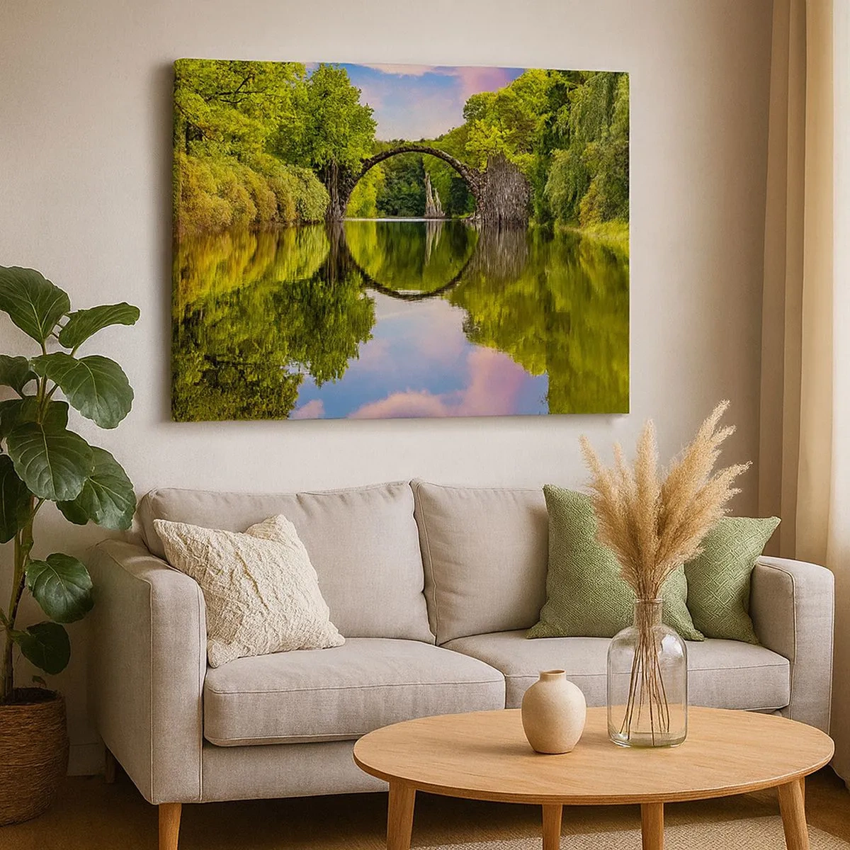 Quadro em tela - Uma ponte de pedra sobre um rio com um reflexo perfeito na água - 70x50cm - Na junção de dois mundos - Decoração de parede moderna para a sala de estar e quarto ARTTOR