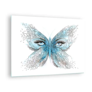 Quadro em vidro - Uma borboleta com asas azuis e olhos humanos em um estilo artístico. - 70x50cm - Borboleta eros - Decoração de parede moderna para a sala de estar e quarto ARTTOR