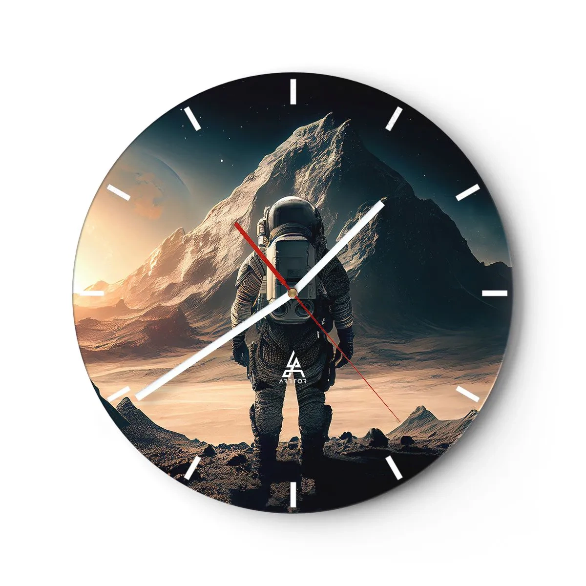 Relógio de parede - Relógio em vidro - Um astronauta olhando para uma paisagem espacial com uma montanha - 30x30cm - Novo desafio - Decoração de parede moderna para a sala de estar, cozinha e quarto ARTTOR