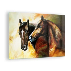 Quadro em vidro - Dois cavalos em uma composição artística e dinâmica - 70x50cm - Encanto em dobro - Decoração de parede moderna para a sala de estar e quarto ARTTOR