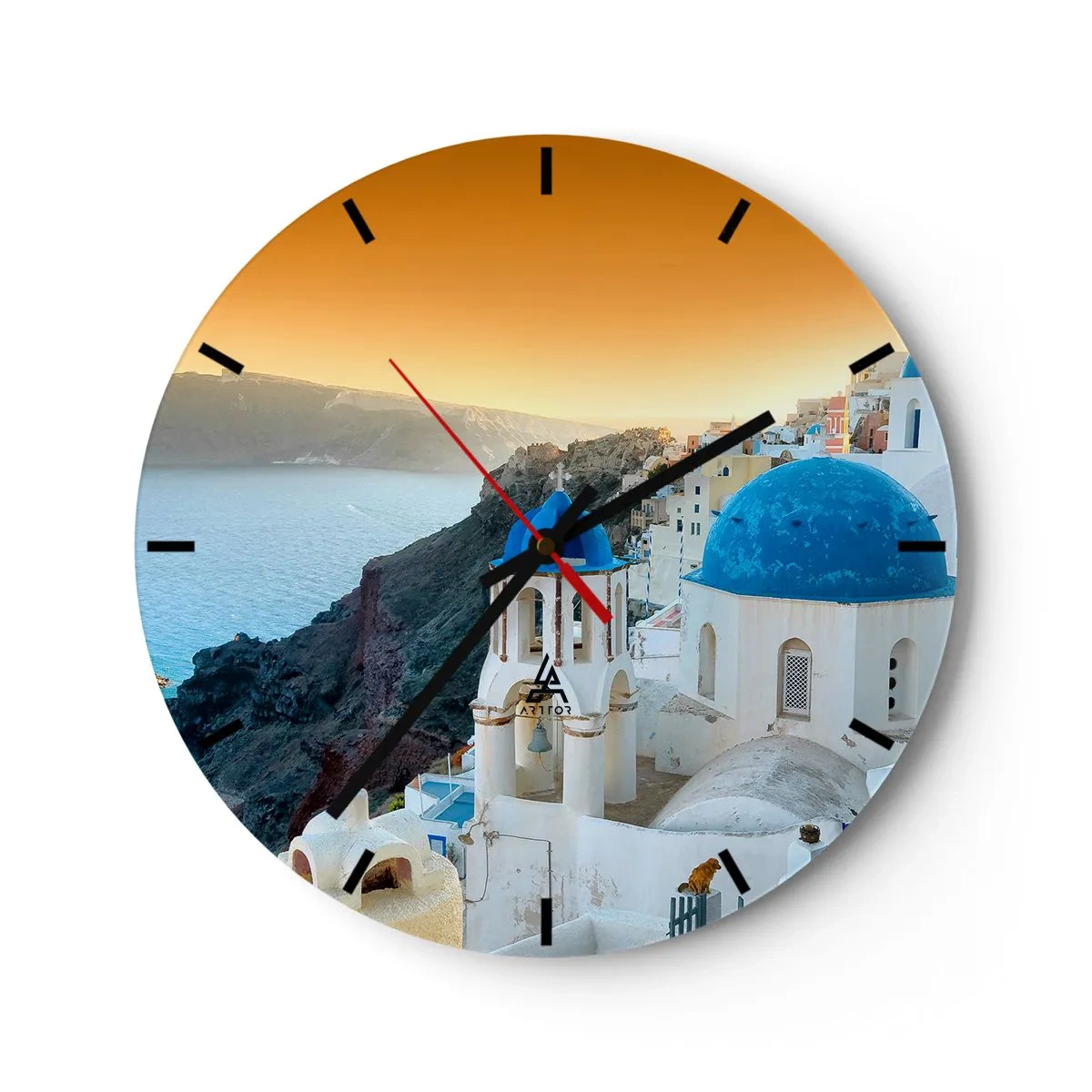 Relógio de parede - Relógio em vidro - Santorini com vista para o mar ao pôr do sol - 30x30cm - Santorini - abraçada às rochas - Decoração de parede moderna para a sala de estar, cozinha e quarto ARTTOR