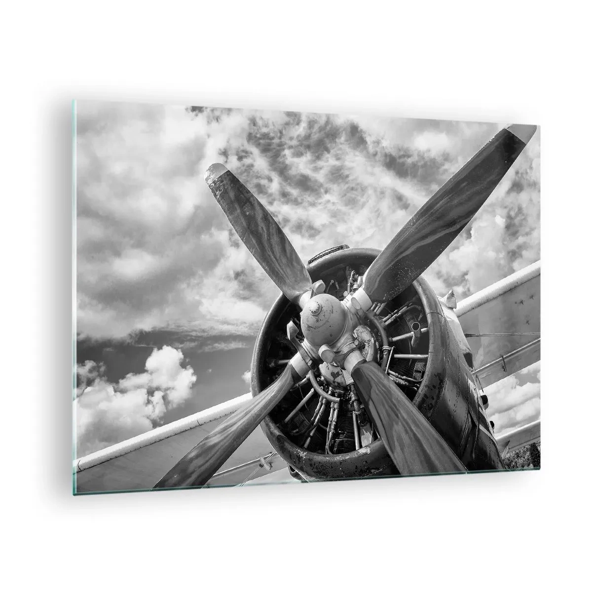 Quadro em vidro - Um close de uma hélice de avião em preto e branco. - 70x50cm - O conquistador dos céus - Decoração de parede moderna para a sala de estar e quarto ARTTOR