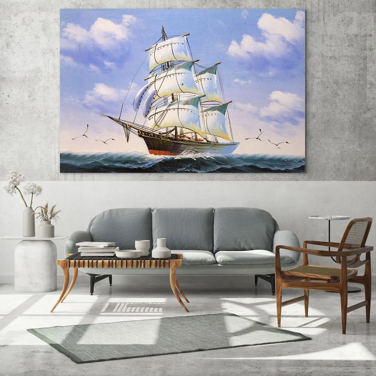 Quadro em vidro - Um veleiro em alto mar sob um céu azul - 70x50cm - Orgulhosamente com o vento - Decoração de parede moderna para a sala de estar e quarto ARTTOR