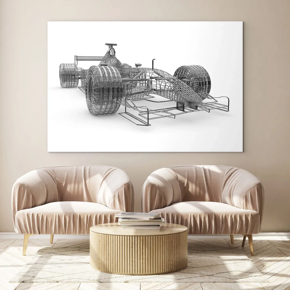 Quadro em vidro - Desenho técnico em estilo 3D de um carro de corrida - 70x50cm - Construção ideal - a ideia de impulso - Decoração de parede moderna para a sala de estar e quarto ARTTOR