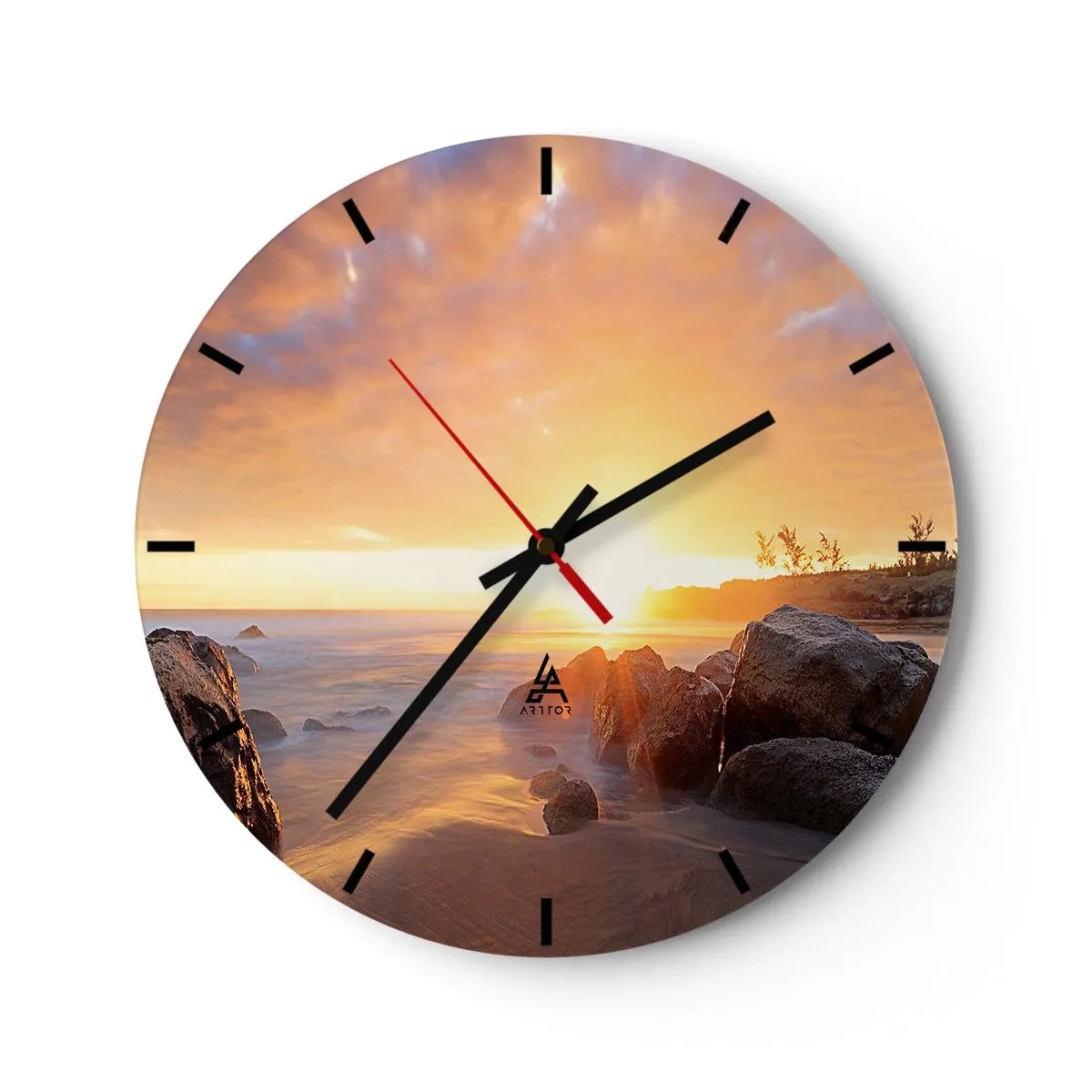 Relógio de parede - Relógio em vidro - Pôr do sol sobre o mar com pedras e luz quente - 30x30cm - A brisa luminosa da noite - Decoração de parede moderna para a sala de estar, cozinha e quarto ARTTOR
