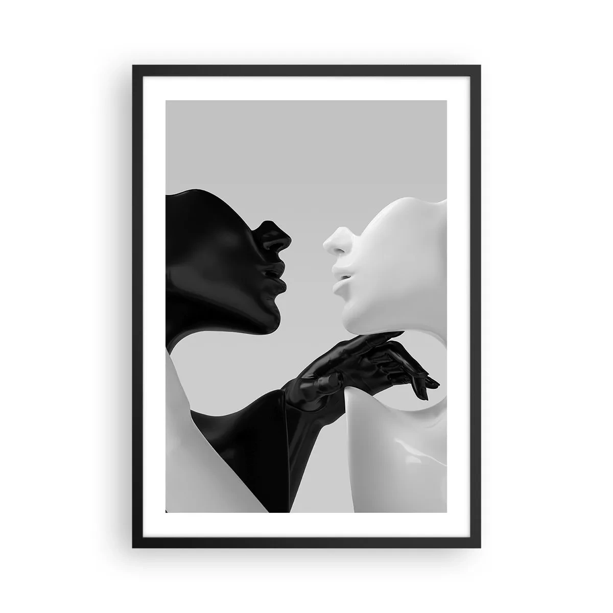Pôster com moldura preta - Uma composição em preto e branco de dois rostos em contato próximo. - 50x70cm - Atração – desejo - Decoração de parede moderna para a sala de estar e quarto ARTTOR