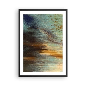 Pôster com moldura preta - Uma composição abstrata de pinceladas de tinta dourada e azul. - 50x70cm - Uma composição colorida não acidental - Decoração de parede moderna para a sala de estar e quarto ARTTOR
