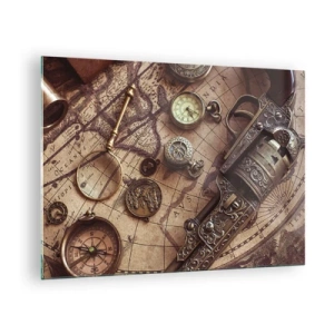Quadro em vidro - Objetos antigos e um mapa - 70x50cm - A aventura nos chama - Decoração de parede moderna para a sala de estar e quarto ARTTOR