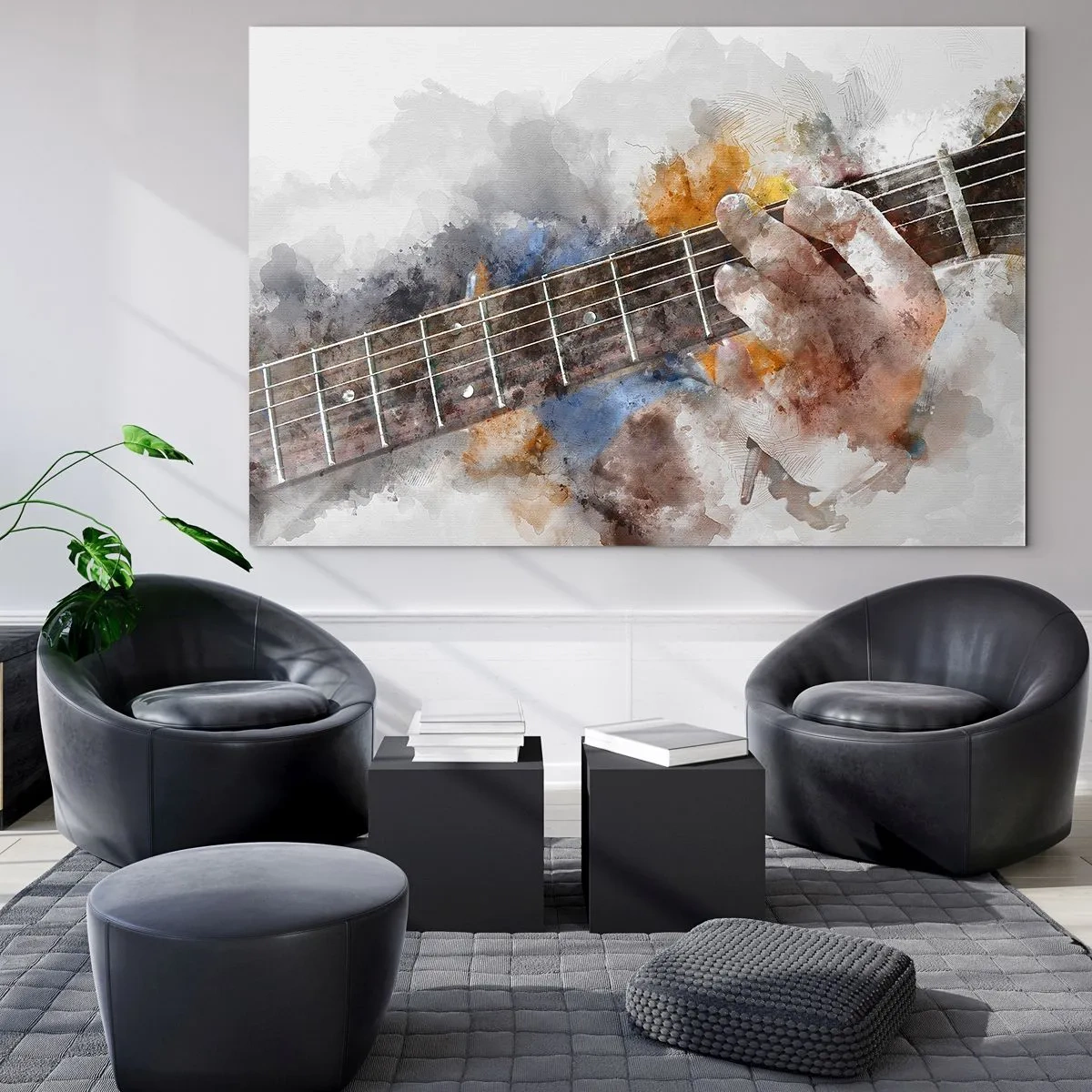 Quadro em vidro - Motivo em aquarela de uma mão tocando violão - 70x50cm - Poesia entre as cordas - Decoração de parede moderna para a sala de estar e quarto ARTTOR