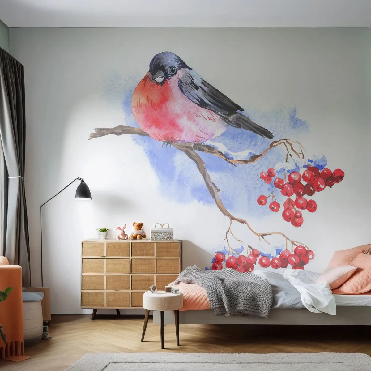 Papel de Parede Standard Eco - Inverno a cores - pássaro em um galho, Rowan vermelha, Gráficos - 400x280 cm