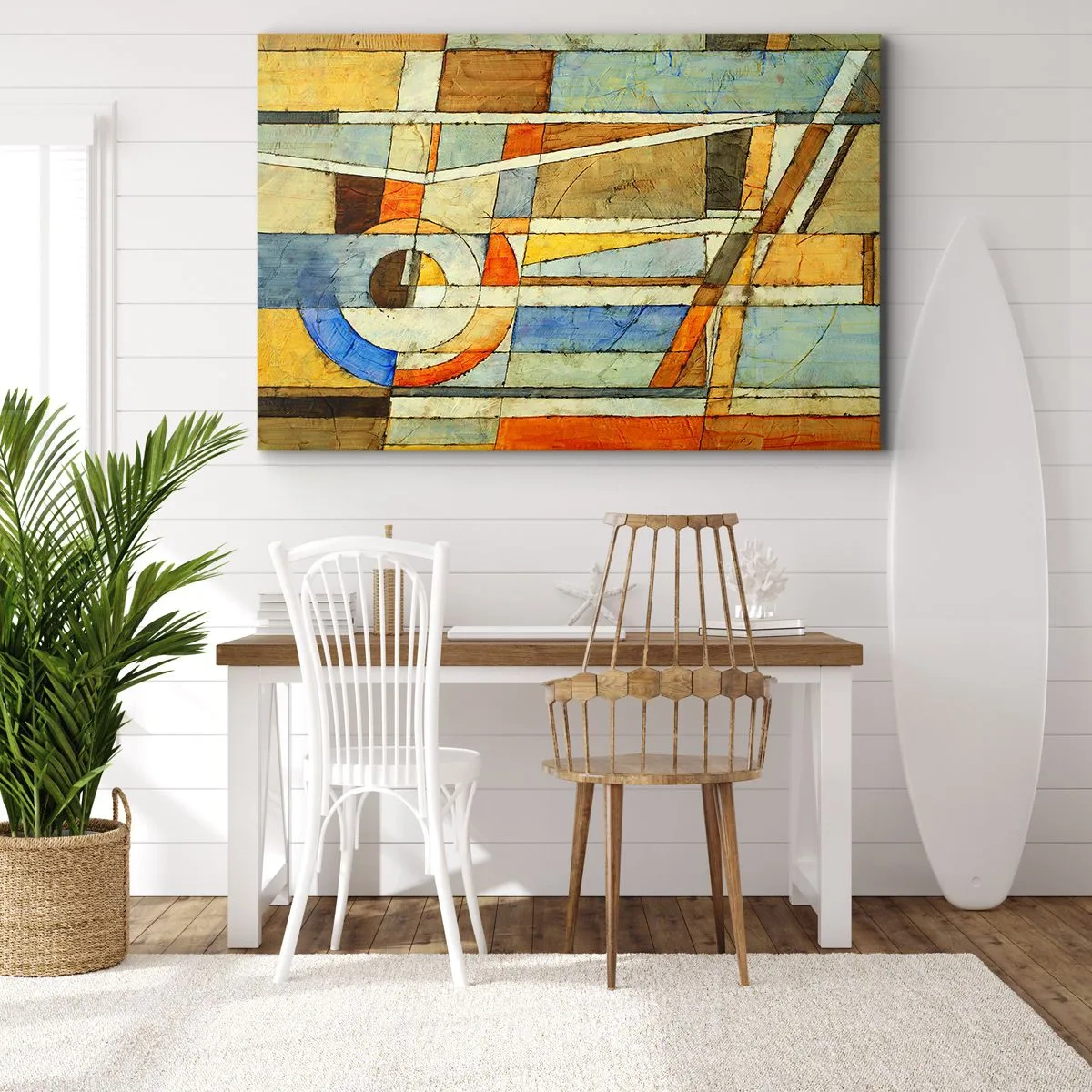 Quadro em tela - Abstração geométrica em tons de bege, azul e laranja - 70x50cm - Cubismo em construção - Decoração de parede moderna para a sala de estar e quarto ARTTOR