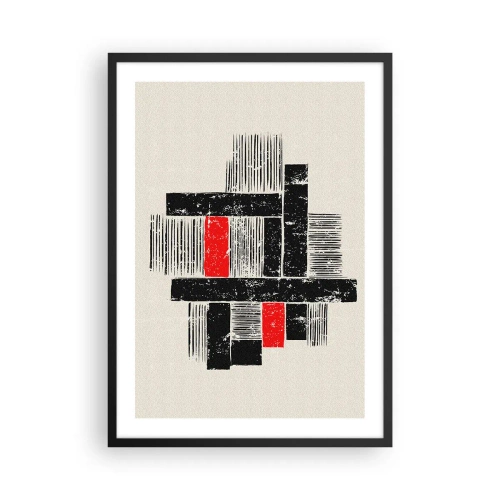 Pôster com moldura preta - Abstração geométrica em preto, vermelho e bege - 50x70cm - Vermelho e preto - Decoração de parede moderna para a sala de estar e quarto ARTTOR