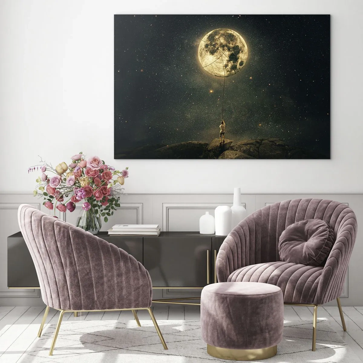 Quadro em vidro - Uma figura em uma rocha segurando a lua, que está presa em uma corda. - 70x50cm - Aquele que roubou a lua - Decoração de parede moderna para a sala de estar e quarto ARTTOR