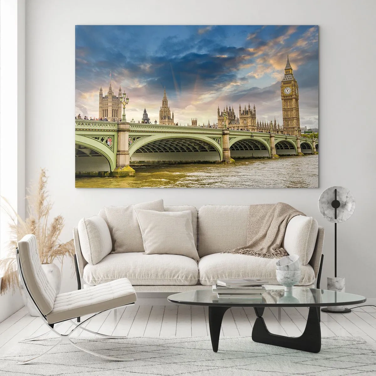 Quadro em vidro - Big Ben e Ponte de Westminster ao pôr do sol - 70x50cm - O tempo parou no Império - Decoração de parede moderna para a sala de estar e quarto ARTTOR
