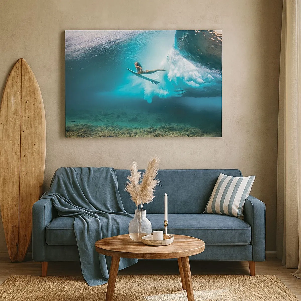Quadro em tela - Surfista sob uma onda na água azul do oceano - 70x50cm - O mundo subaquático - Decoração de parede moderna para a sala de estar e quarto ARTTOR