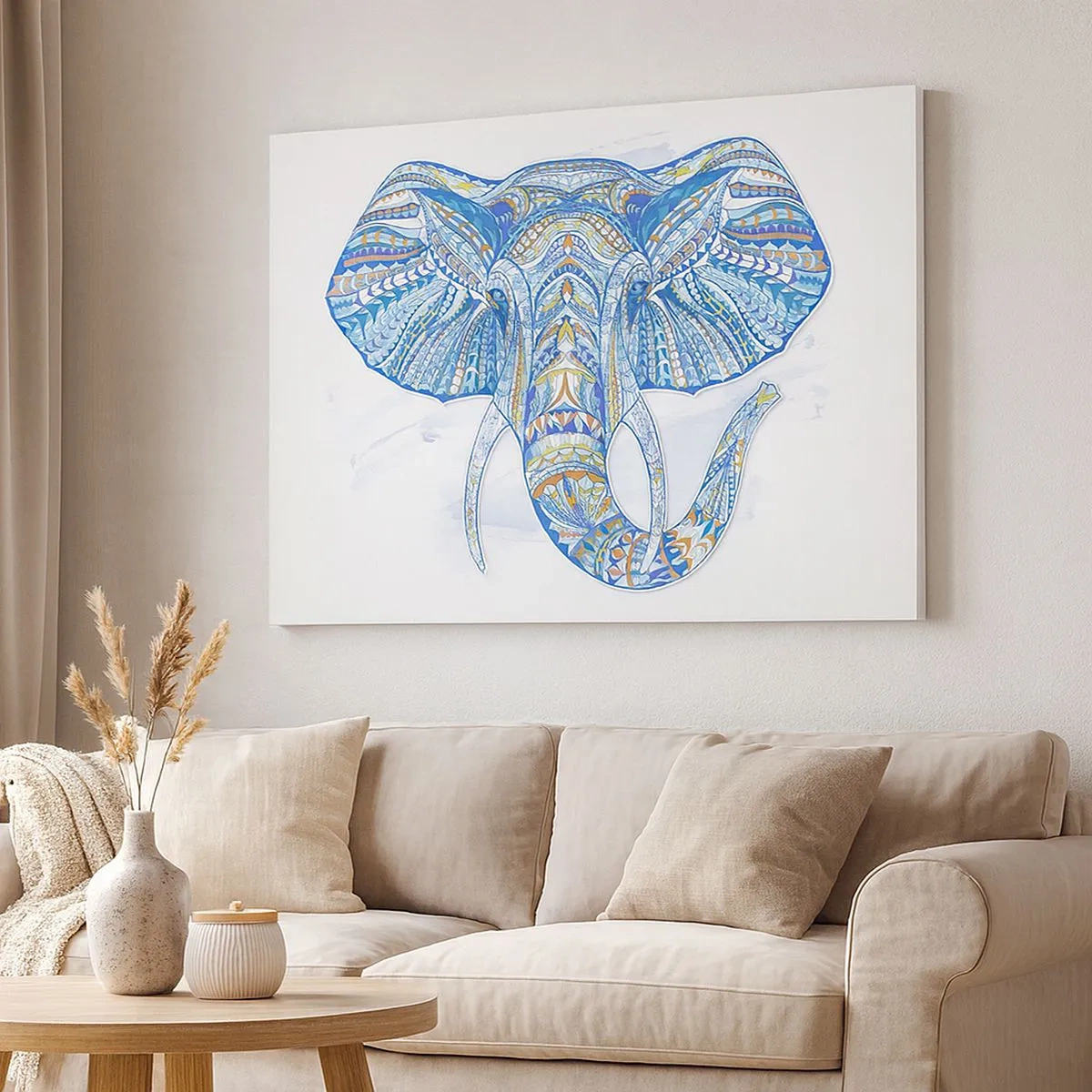 Quadro em tela - Elefante geométrico em tons de azul e dourado - 70x50cm - Incrustado com ouro e azul - Decoração de parede moderna para a sala de estar e quarto ARTTOR