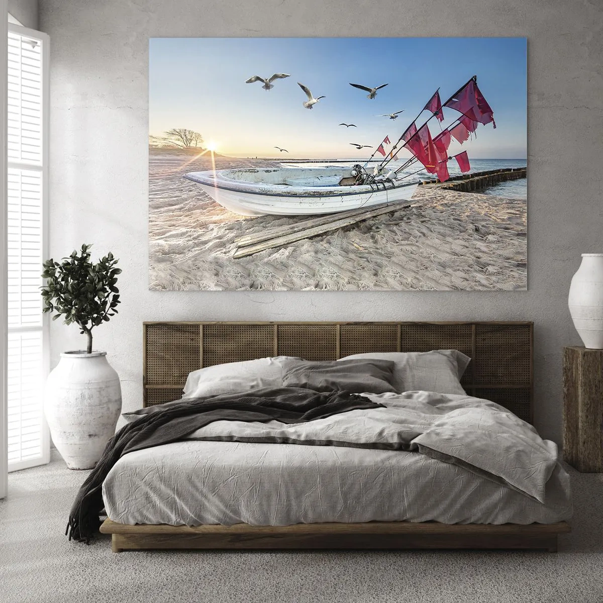 Quadro em vidro - Barco de pesca na praia ao nascer do sol - 70x50cm - Um merecido descanso - Decoração de parede moderna para a sala de estar e quarto ARTTOR