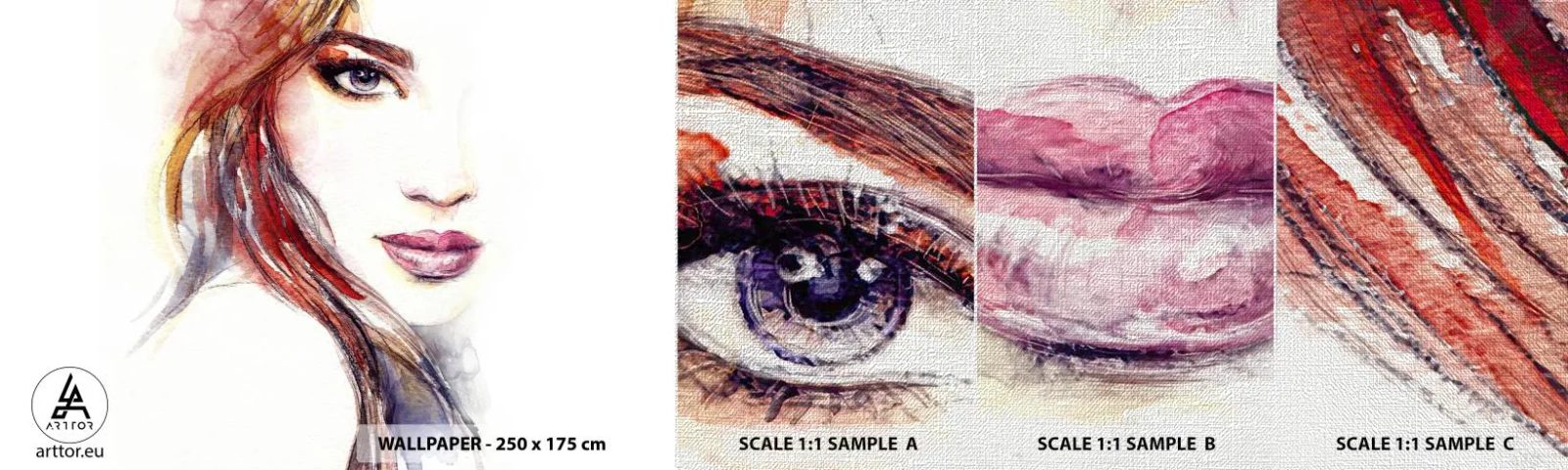 Amostra de papel de parede Premium Canvas - Vademecum - siga-me - Mulher, Retrato de uma mulher, Rosto bonito - 100x30 cm