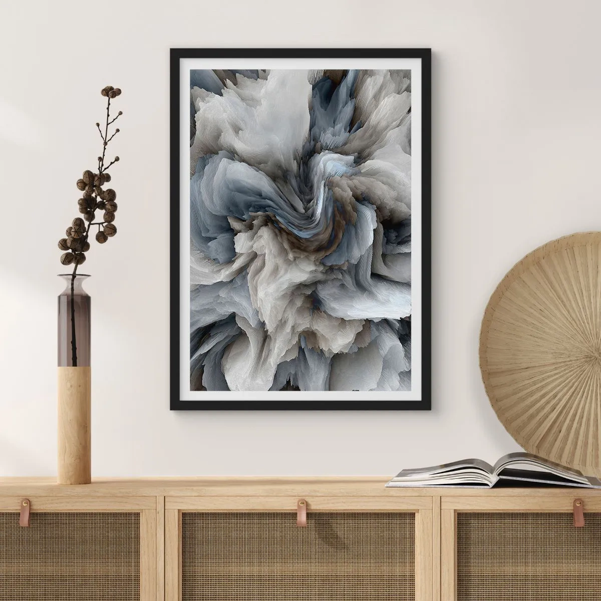 Pôster com moldura preta - Uma explosão abstrata de cores em tons de cinza e azul. - 50x70cm - Pedra e flor - Decoração de parede moderna para a sala de estar e quarto ARTTOR