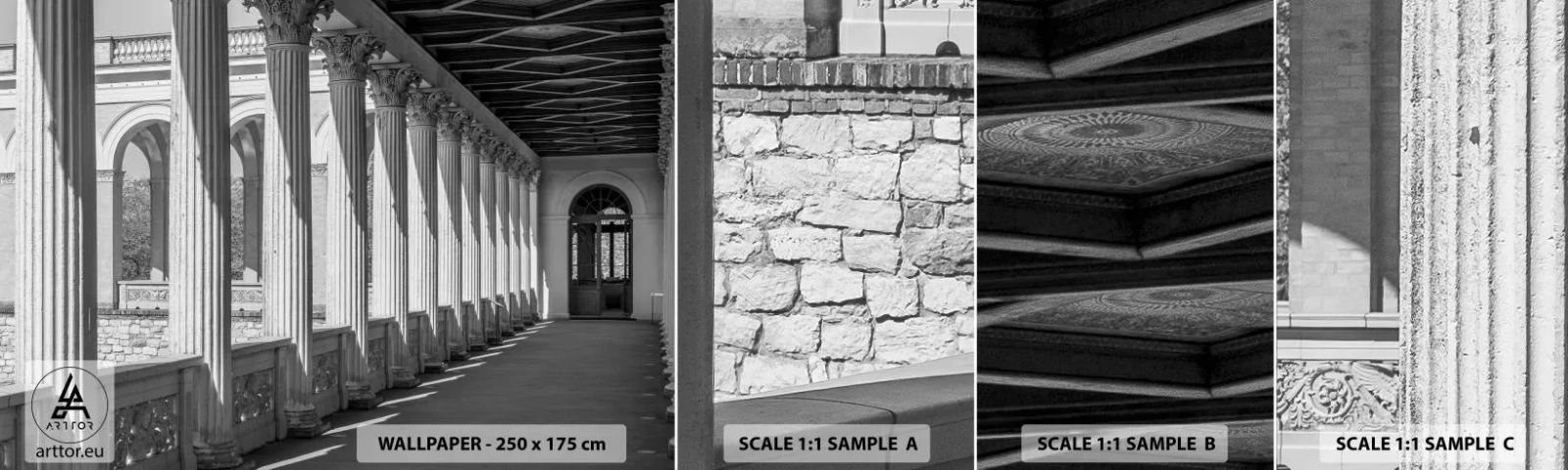 Amostra de papel de parede autocolante Deluxe Sticker - Arcada ensolarada - Colunas, Arquitetura, Clássico - 100x30 cm