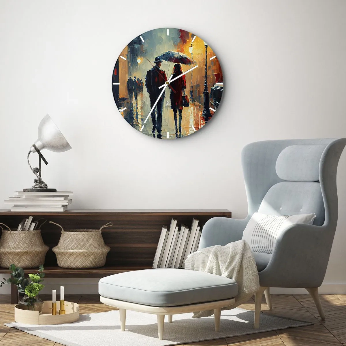 Relógio de parede - Relógio em vidro - Um casal sob um guarda-chuva em um ambiente urbano pintado com espátula - 30x30cm - História de amor urbano - Decoração de parede moderna para a sala de estar, cozinha e quarto ARTTOR