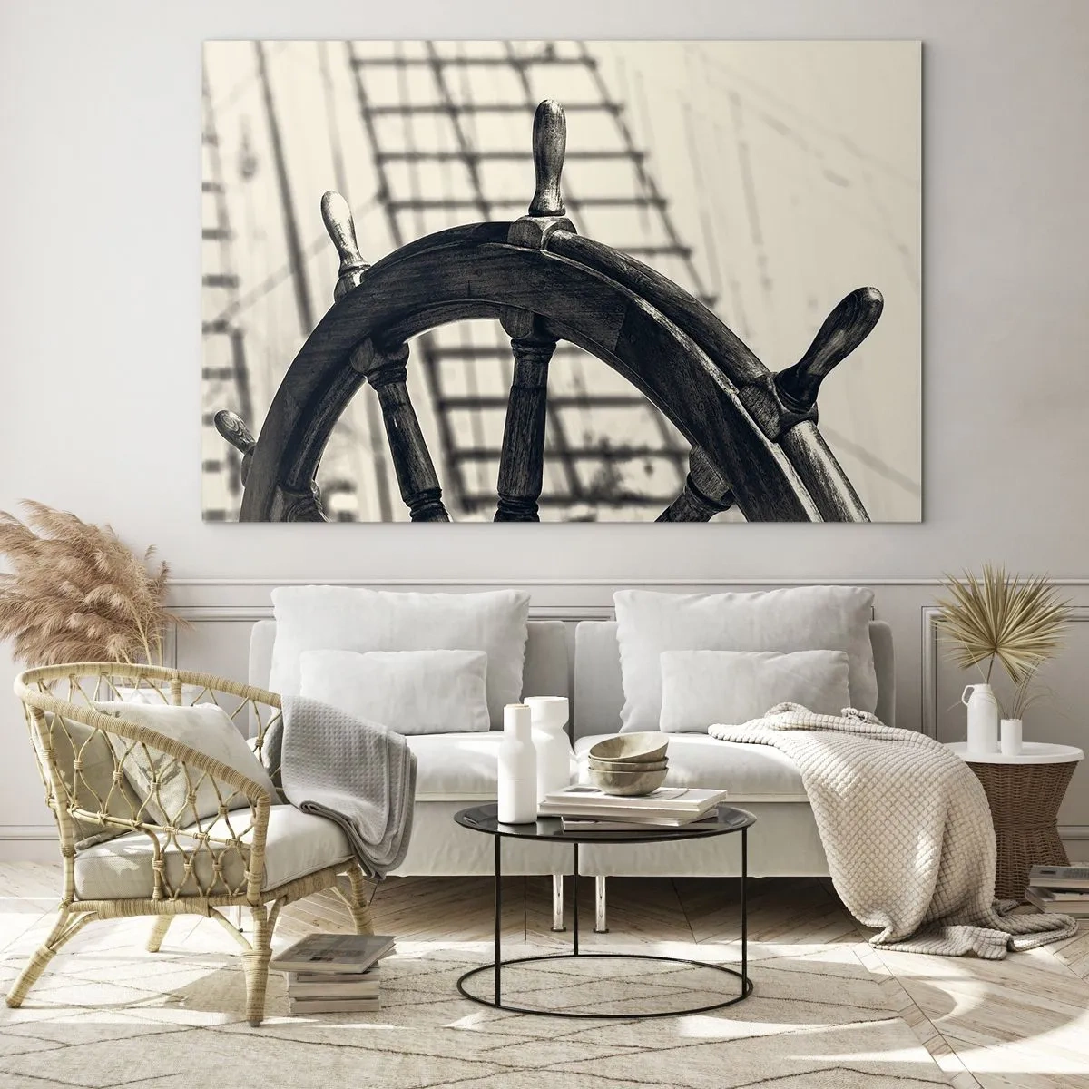 Quadro em vidro - Leme de navio náutico preto e branco - 70x50cm - Contos do mar - Decoração de parede moderna para a sala de estar e quarto ARTTOR
