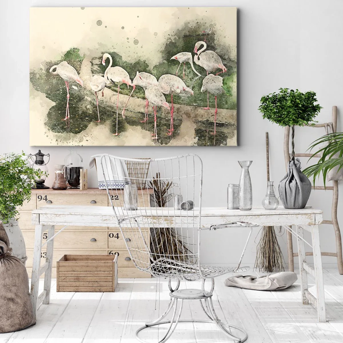 Quadro em tela - Flamingos em seu ambiente natural em estilo aquarela - 70x50cm - Sonho exótico - Decoração de parede moderna para a sala de estar e quarto ARTTOR