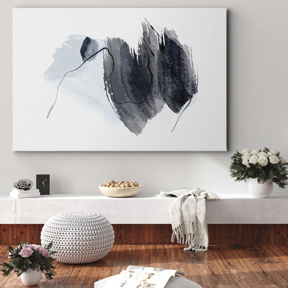 Quadro em tela - Composição abstrata em tons de cinza e azul - 70x50cm - Intensidade e movimento - Decoração de parede moderna para a sala de estar e quarto ARTTOR