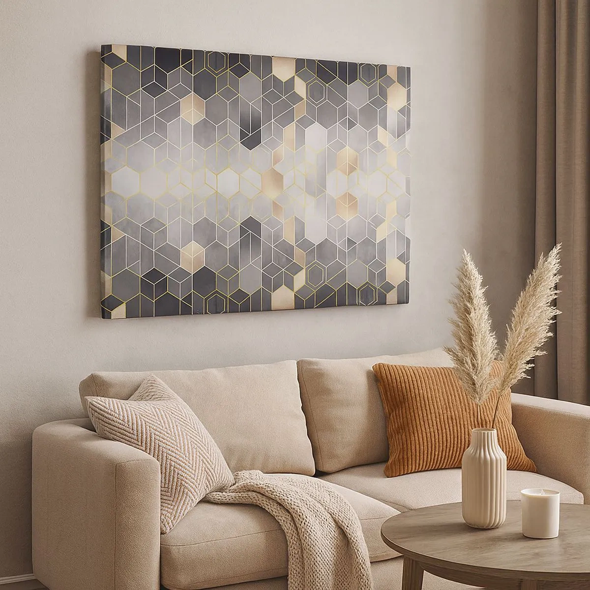 Quadro em tela - Padrão geométrico em tons dourados - 70x50cm - Composição do diamante - Decoração de parede moderna para a sala de estar e quarto ARTTOR
