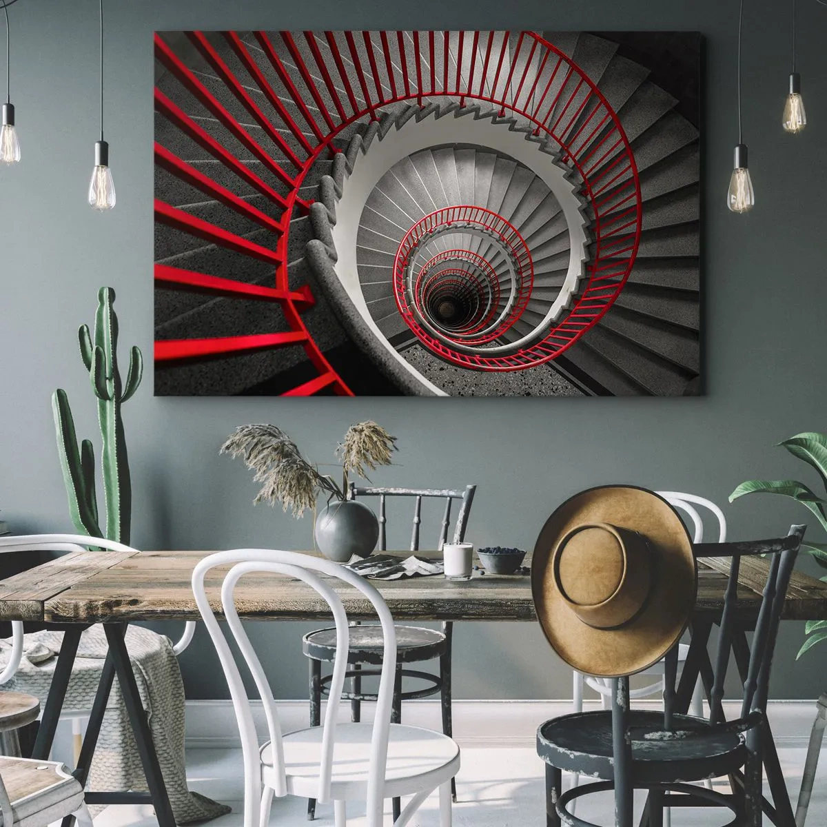Quadro em tela - Escada em espiral com corrimãos vermelhos em uma perspectiva dinâmica - 70x50cm - Diversão de arquitetura - Decoração de parede moderna para a sala de estar e quarto ARTTOR