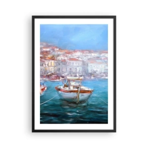 Pôster com moldura preta - Um barco no porto, com vista para a cidade - 50x70cm - Baía italiana - Decoração de parede moderna para a sala de estar e quarto ARTTOR