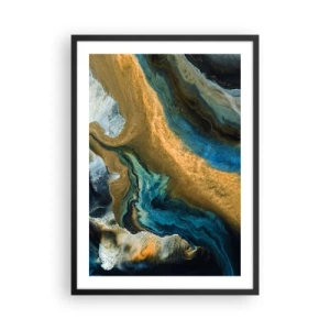 Pôster com moldura preta - Uma composição abstrata em tons de dourado e azul. - 50x70cm - Azul – amarelo – influências mútuas - Decoração de parede moderna para a sala de estar e quarto ARTTOR