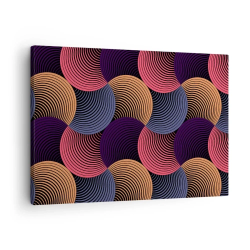 Quadro em tela - Círculos geométricos em tons de rosa, roxo e dourado - 70x50cm - Num ritmo circular - Decoração de parede moderna para a sala de estar e quarto ARTTOR