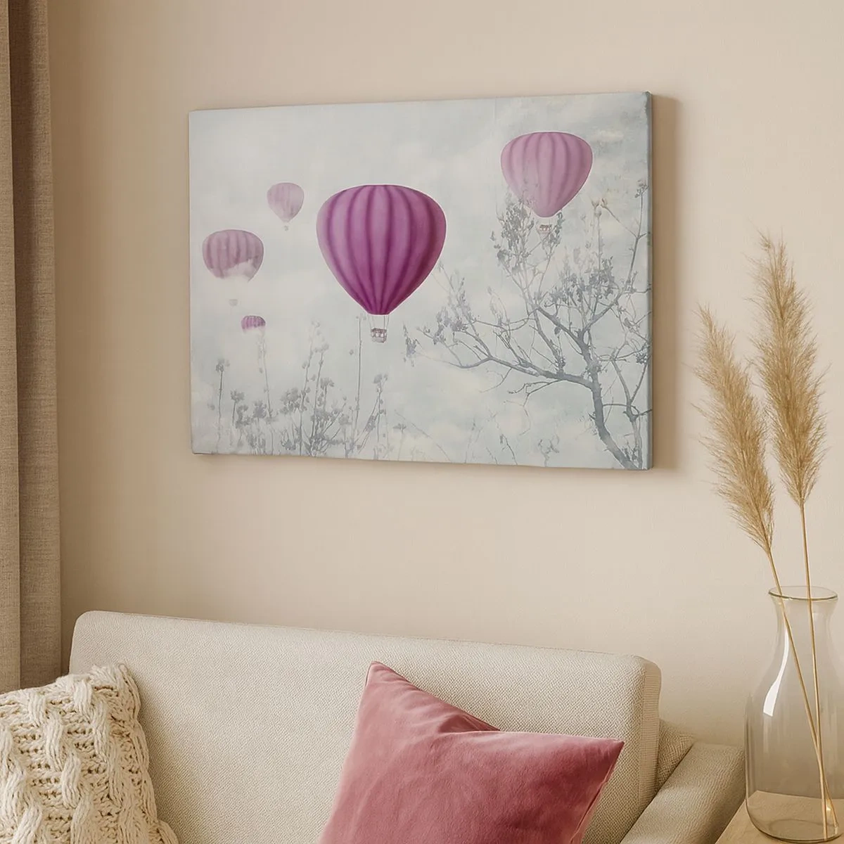 Quadro em tela - Balões roxos flutuando acima das árvores nas nuvens - 70x50cm - Como navios no céu - Decoração de parede moderna para a sala de estar e quarto ARTTOR