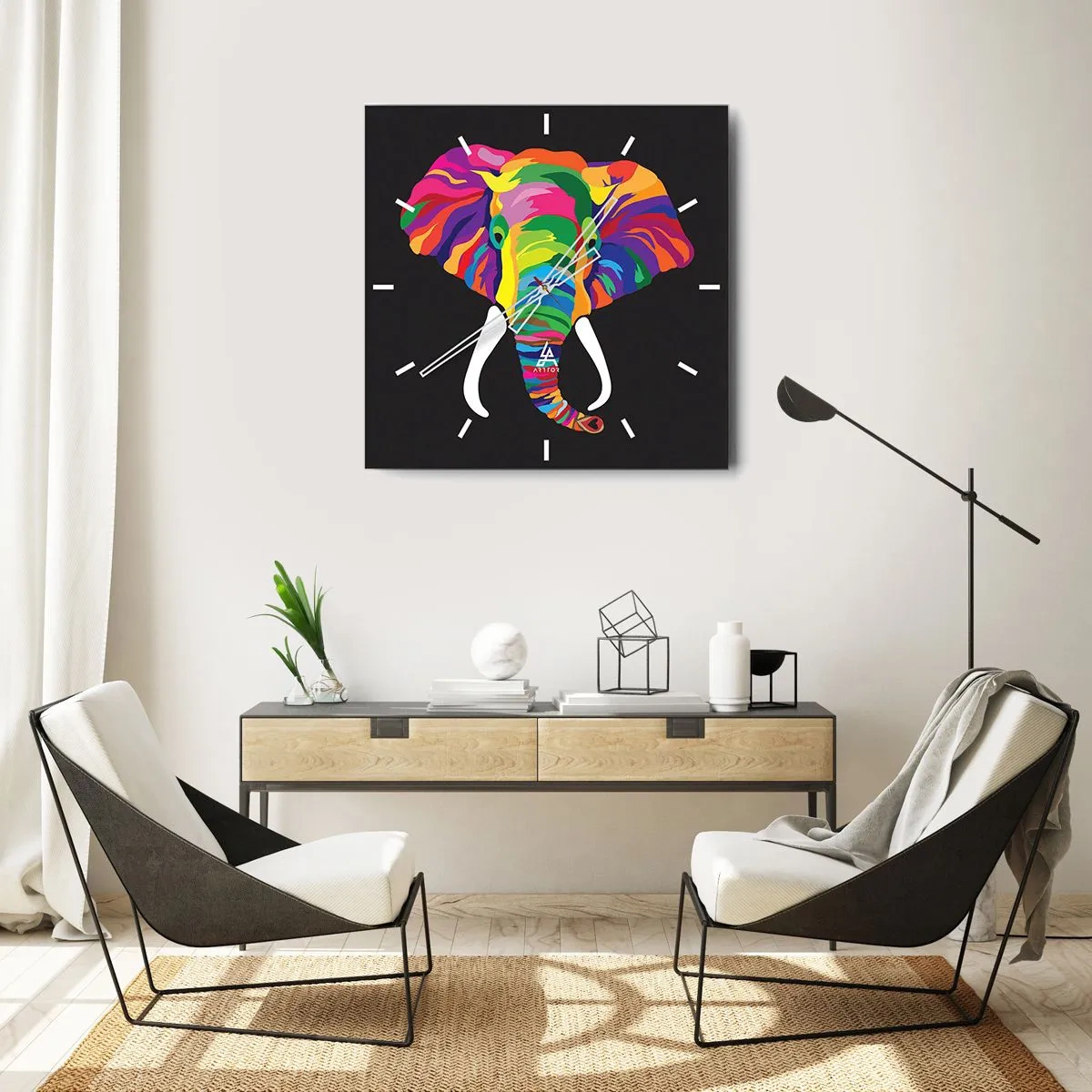 Relógio de parede - Relógio em vidro - O elefante que adorava banhar-se no arco-íris - 30x30 cm