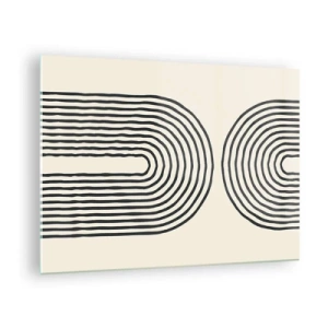 Quadro em vidro - Uma pintura abstrata em preto e branco representando linhas em forma de arco. - 70x50cm - Em um momento... - Decoração de parede moderna para a sala de estar e quarto ARTTOR