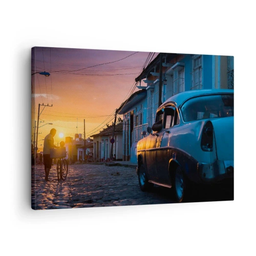 Quadro em tela - Carro retrô e bicicleta na rua à luz do pôr do sol - 70x50cm - Aqui é onde o tempo abranda - Decoração de parede moderna para a sala de estar e quarto ARTTOR