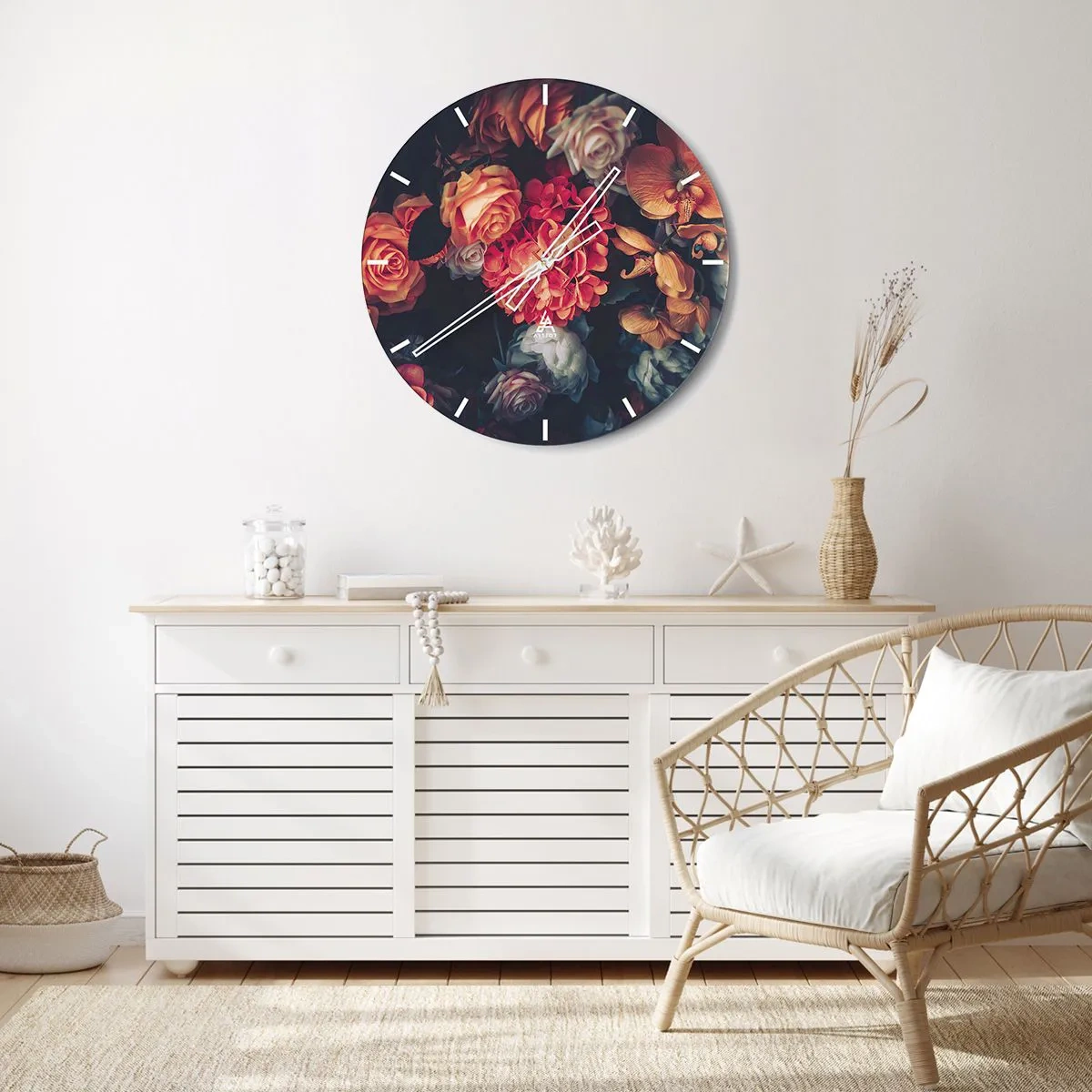Relógio de parede - Relógio em vidro - Arranjo floral em estilo barroco sobre fundo escuro - 30x30cm - Como nos mestres holandeses - Decoração de parede moderna para a sala de estar, cozinha e quarto ARTTOR