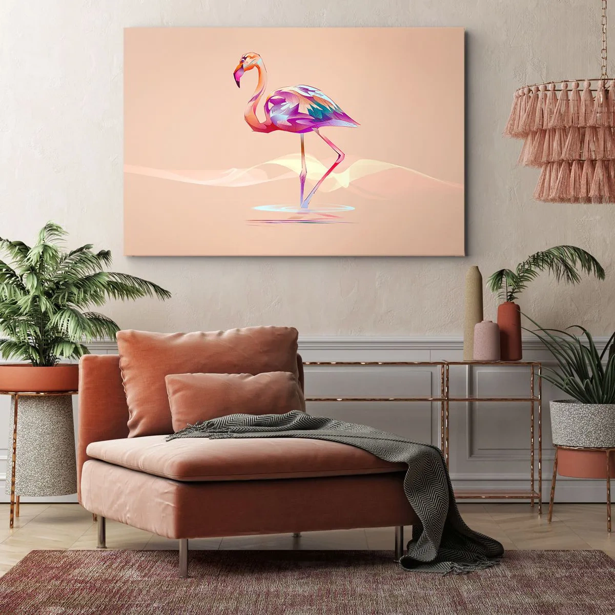 Quadro em tela - Um flamingo abstrato em cores claras e pastéis. - 70x50cm - A ave das boas emoções - Decoração de parede moderna para a sala de estar e quarto ARTTOR