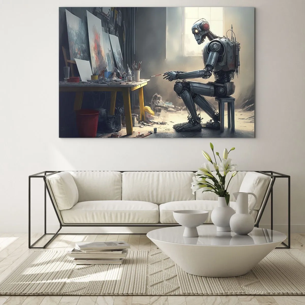 Quadro em vidro - Um robô pintando quadros em um estúdio de arte - 70x50cm - O ato de criação - Decoração de parede moderna para a sala de estar e quarto ARTTOR
