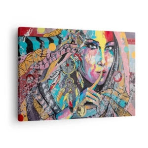 Quadro em tela - Rosto feminino colorido em estilo artístico - 70x50cm - Fique em silêncio até compreender - Decoração de parede moderna para a sala de estar e quarto ARTTOR