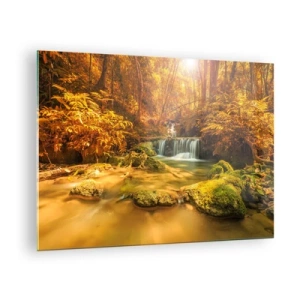 Quadro em vidro - Cascata florestal em ouro - 70x50cm - Cascata na floresta em ouro - Decoração de parede moderna para a sala de estar e quarto ARTTOR