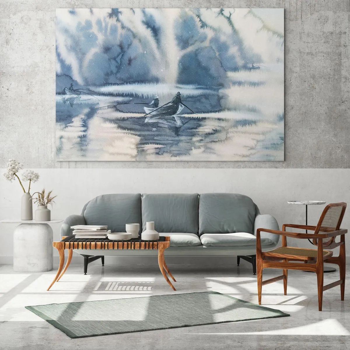 Quadro em vidro - Dois pescadores em um barco cercados por uma paisagem enevoada - 70x50cm - Pescadores no seu paraíso - Decoração de parede moderna para a sala de estar e quarto ARTTOR