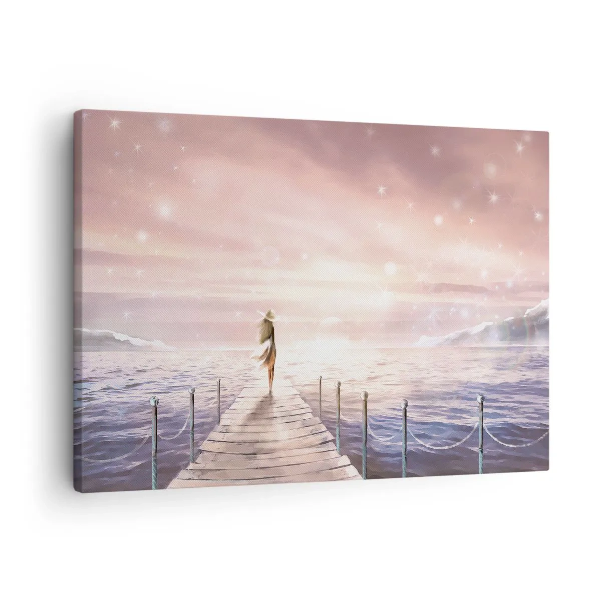 Quadro em tela - Uma mulher em um cais em um cenário mágico de pôr do sol - 70x50cm - À luz de um sonho - Decoração de parede moderna para a sala de estar e quarto ARTTOR