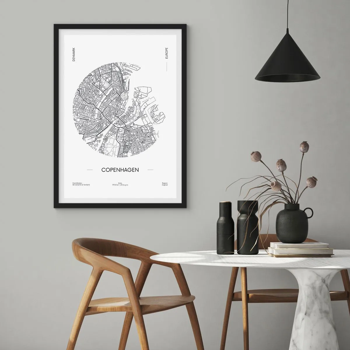 Pôster com moldura preta - Um mapa minimalista de Copenhague em preto e branco. - 50x70cm - Anatomia de Copenhague - Decoração de parede moderna para a sala de estar e quarto ARTTOR