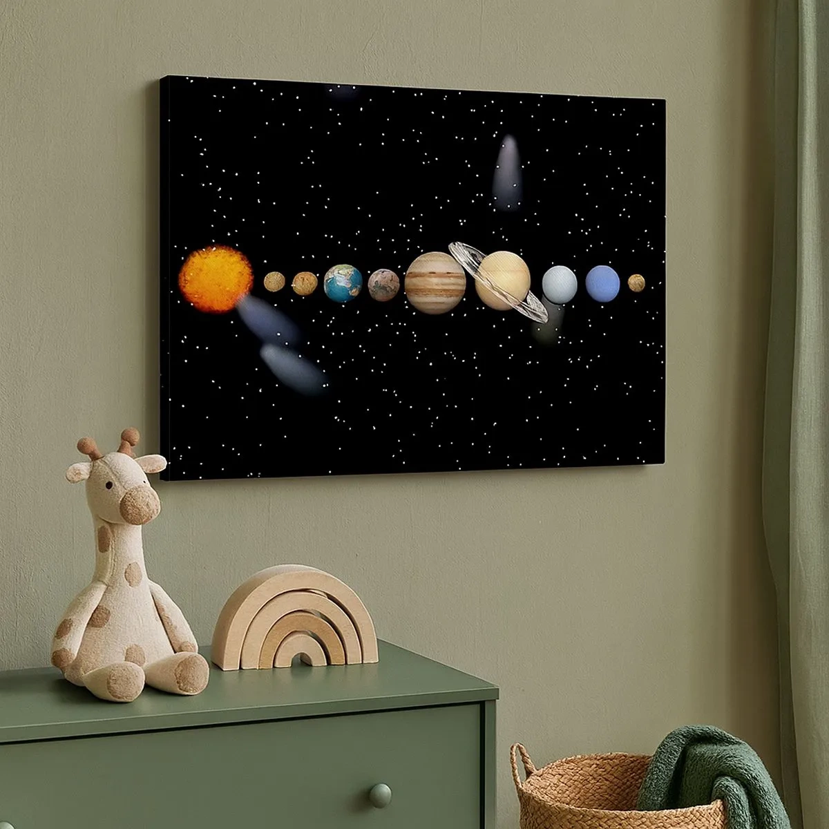 Quadro em tela - O sistema solar com planetas contra o fundo de estrelas no espaço - 70x50cm - E os planetas estão a enlouquecer... - Decoração de parede moderna para a sala de estar e quarto ARTTOR