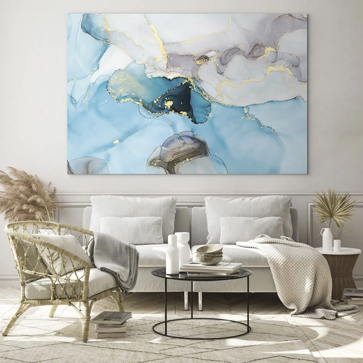 Quadro em vidro - Ondas turquesa e cinza com detalhes dourados - 70x50cm - Estudo do encontro do cinza e turquesa - Decoração de parede moderna para a sala de estar e quarto ARTTOR