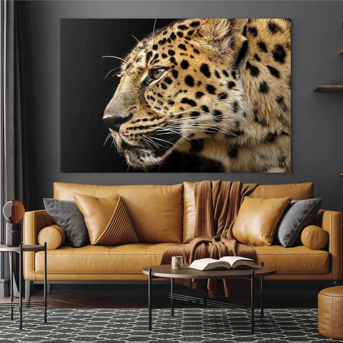 Quadro em vidro - Perfil de um leopardo em um fundo preto - 70x50cm - Calmo, focado, pronto - Decoração de parede moderna para a sala de estar e quarto ARTTOR